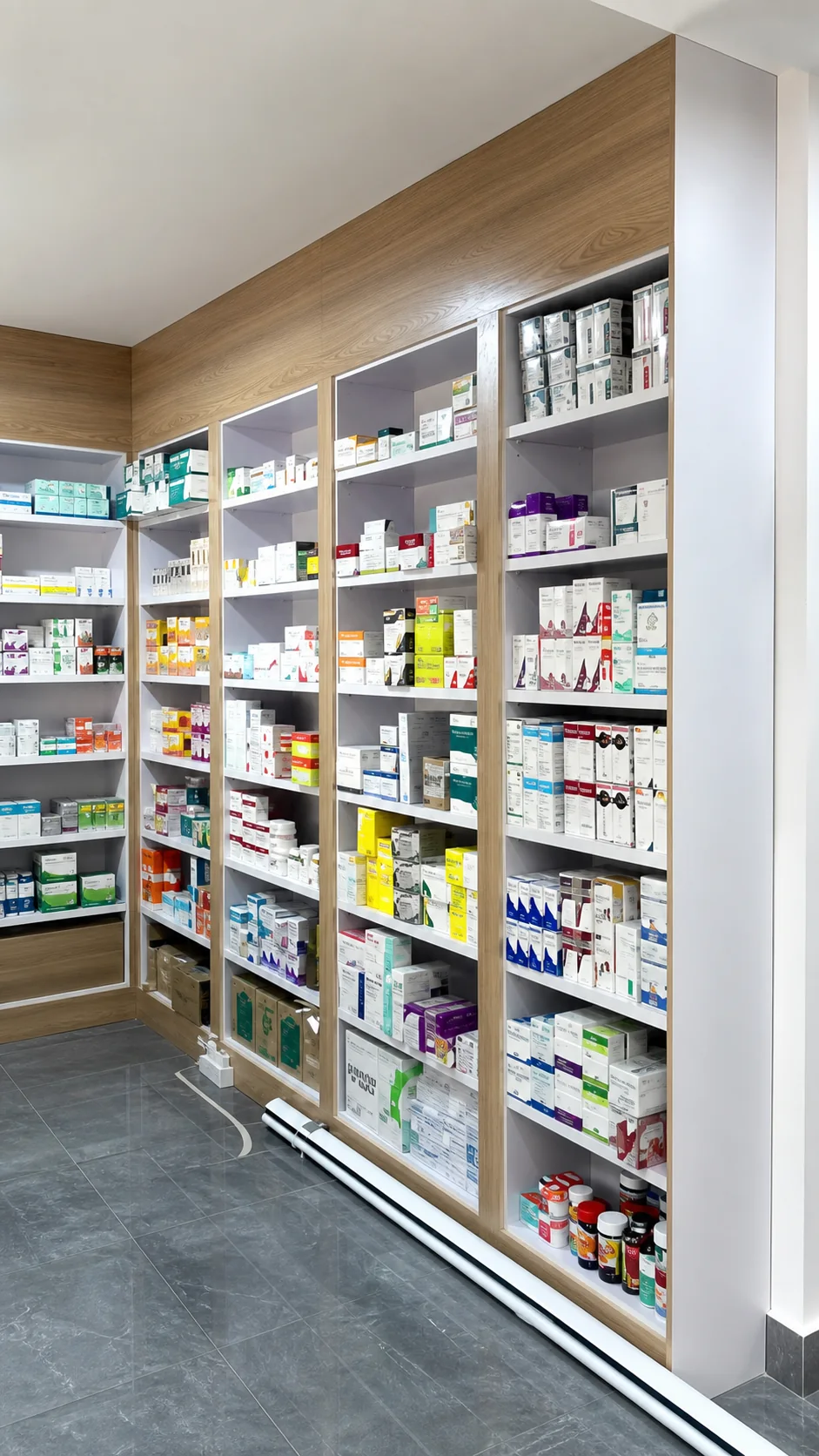 Well-stocked shelves and open floor space inside Murafa Pharmacy